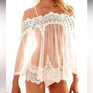 Victoria’s Secret White Lace Off-Shoulder Sheer Top